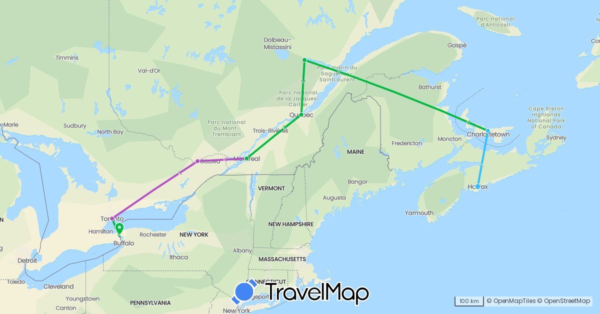 TravelMap itinerary: driving, bus, train, boat in Canada (North America)